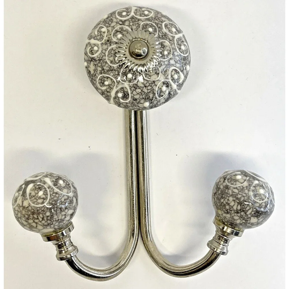 Ceramic Ornate Double Coat Hat Or Towel Hook Grey & White With Silver Hardware